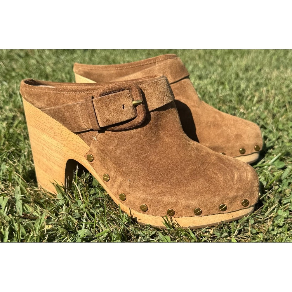 Veronica Beard Dacey Suede Wooden Clog Mule Camel Brown Studded Buckle Heel 8.5M - Picture 4 of 13